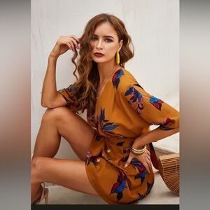 SHEIN Mustard Floral Button-Down Midi Dress